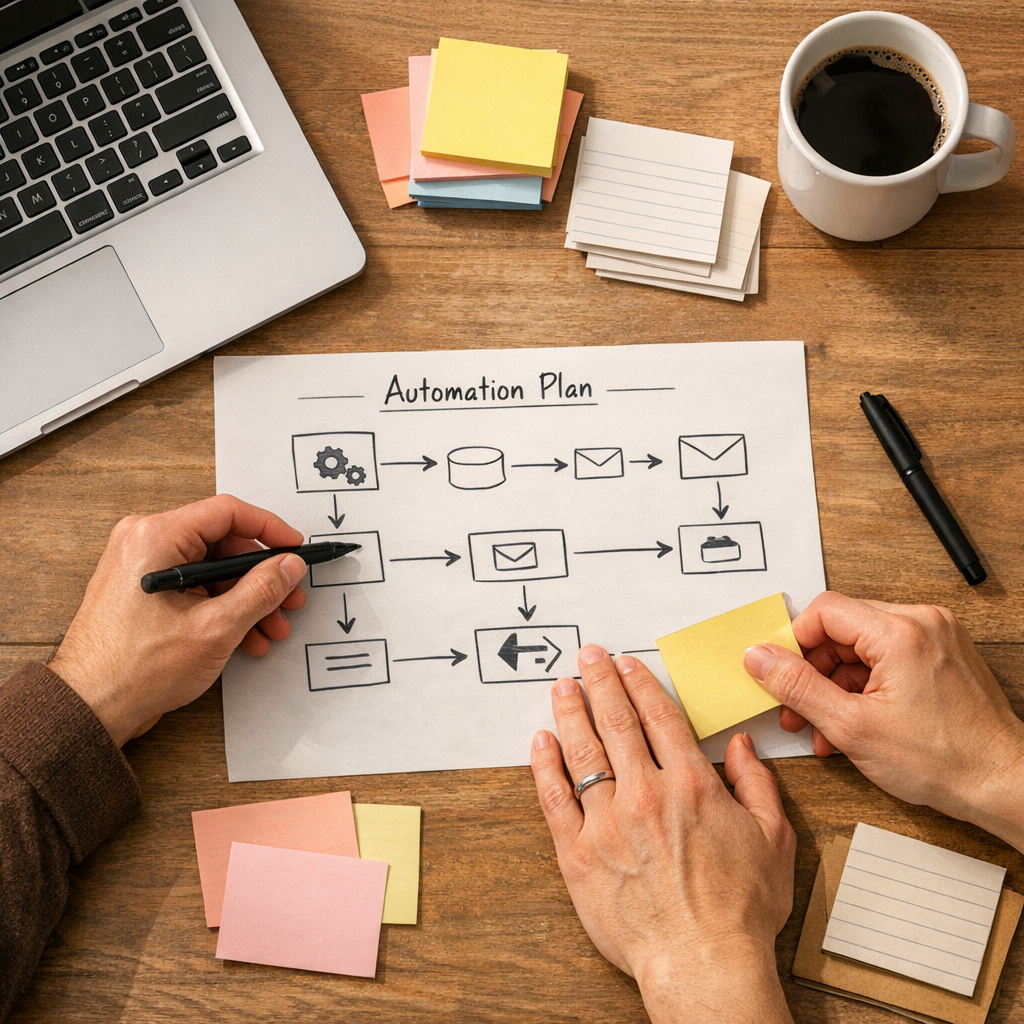 A workspace scene with printed process notes, sticky notes, and a simple automation review sketch on a whiteboard in the background.