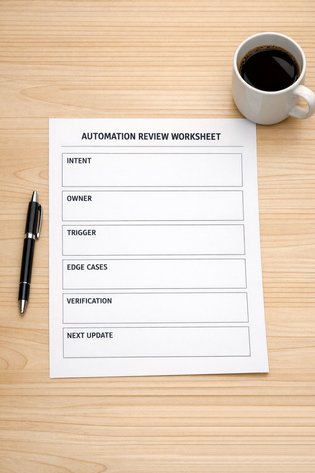 A printed automation review worksheet with sections for intent, owner, risks, tests, and next update