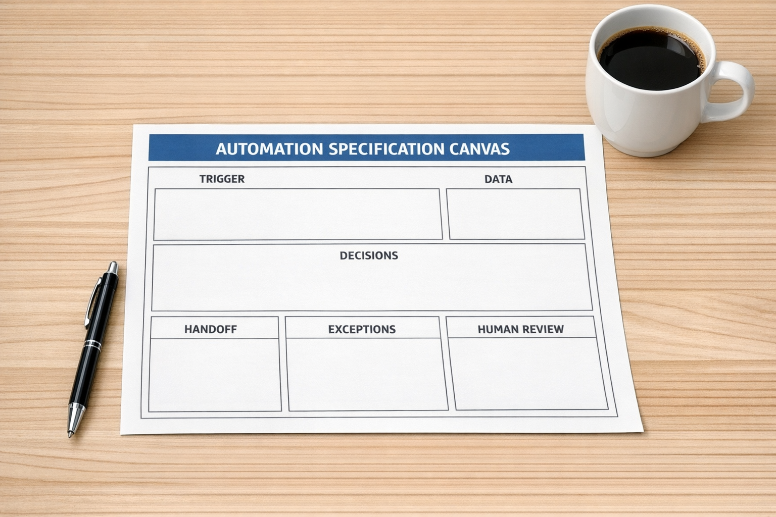 A printed automation specification canvas with sections for trigger, data, decisions, handoffs, and exceptions.