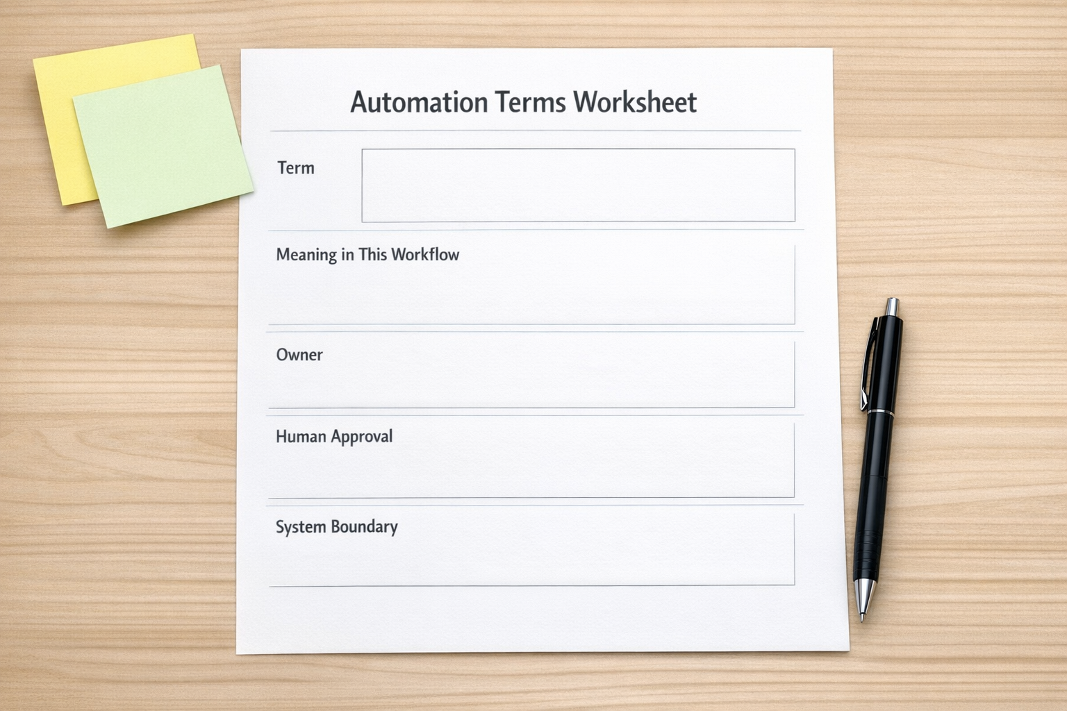 A simple printed worksheet for defining automation terms, ownership, approvals, and system boundaries.