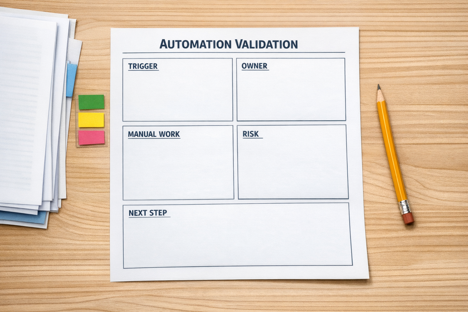 A clean printed worksheet for validating automation ideas with sections for trigger, owner, risk, effort, and low-regret value.