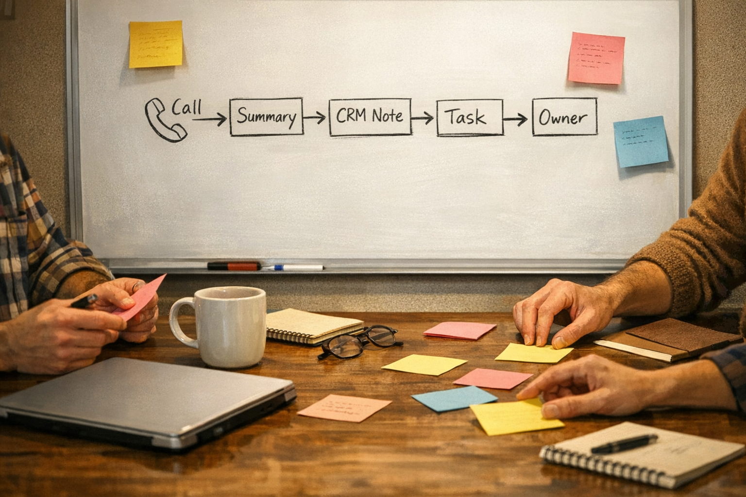 A workspace scene with a whiteboard sketch for turning customer calls into tasks