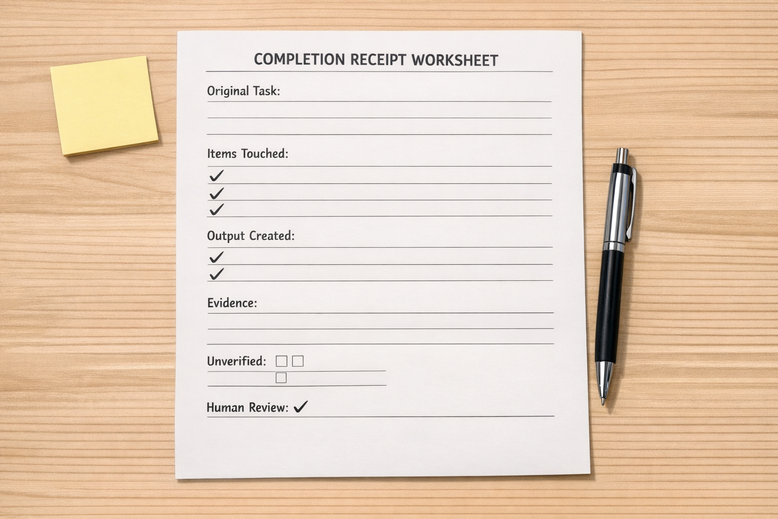 A simple printed worksheet for reviewing AI-assisted work with sections for task, evidence, risks, and approval.