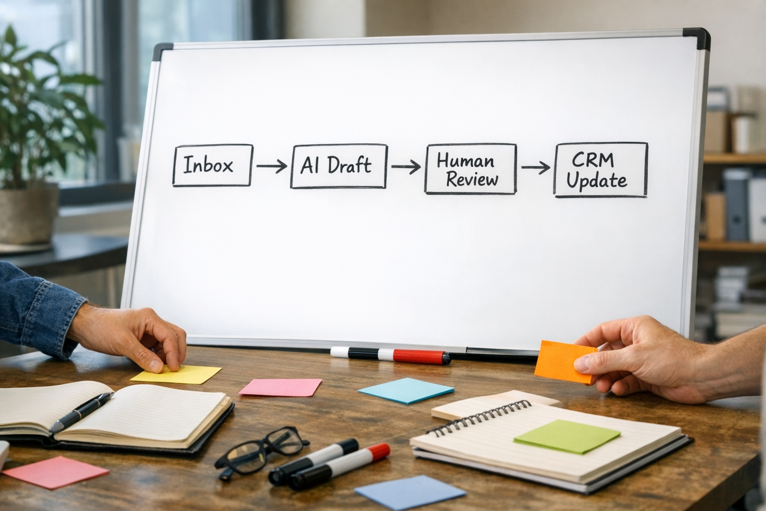 A team workspace with a whiteboard sketch showing app connections, review steps, and approval points for an AI workflow.