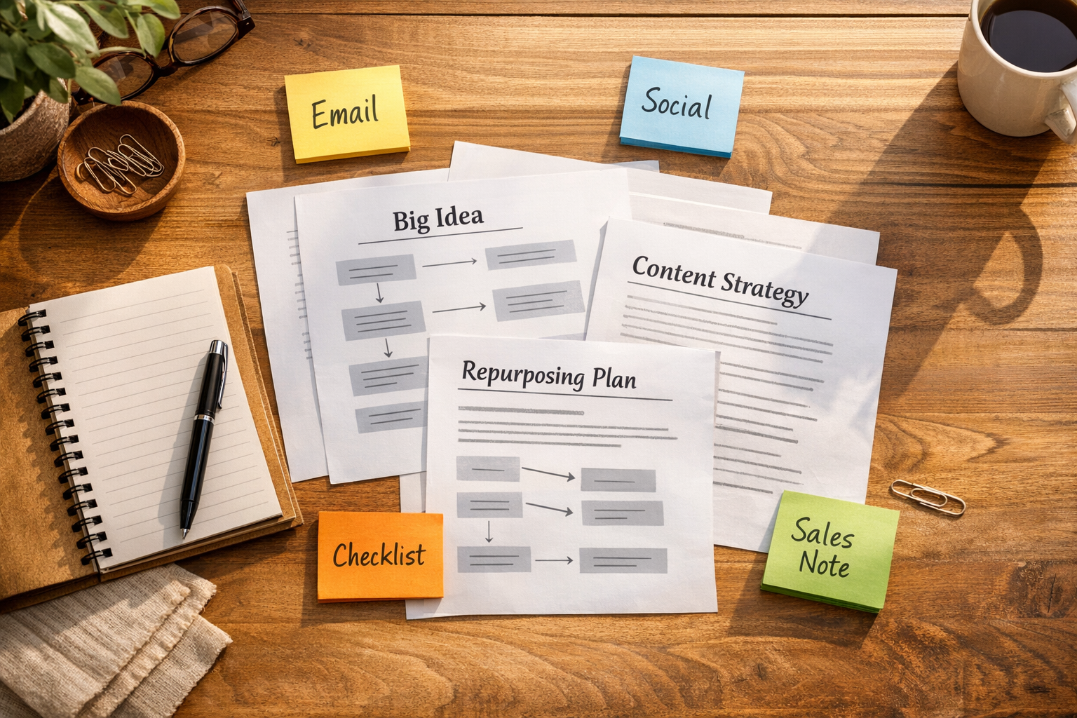 A calm office desk with printed article pages, marked content formats, and a notebook showing a focused repurposing plan.