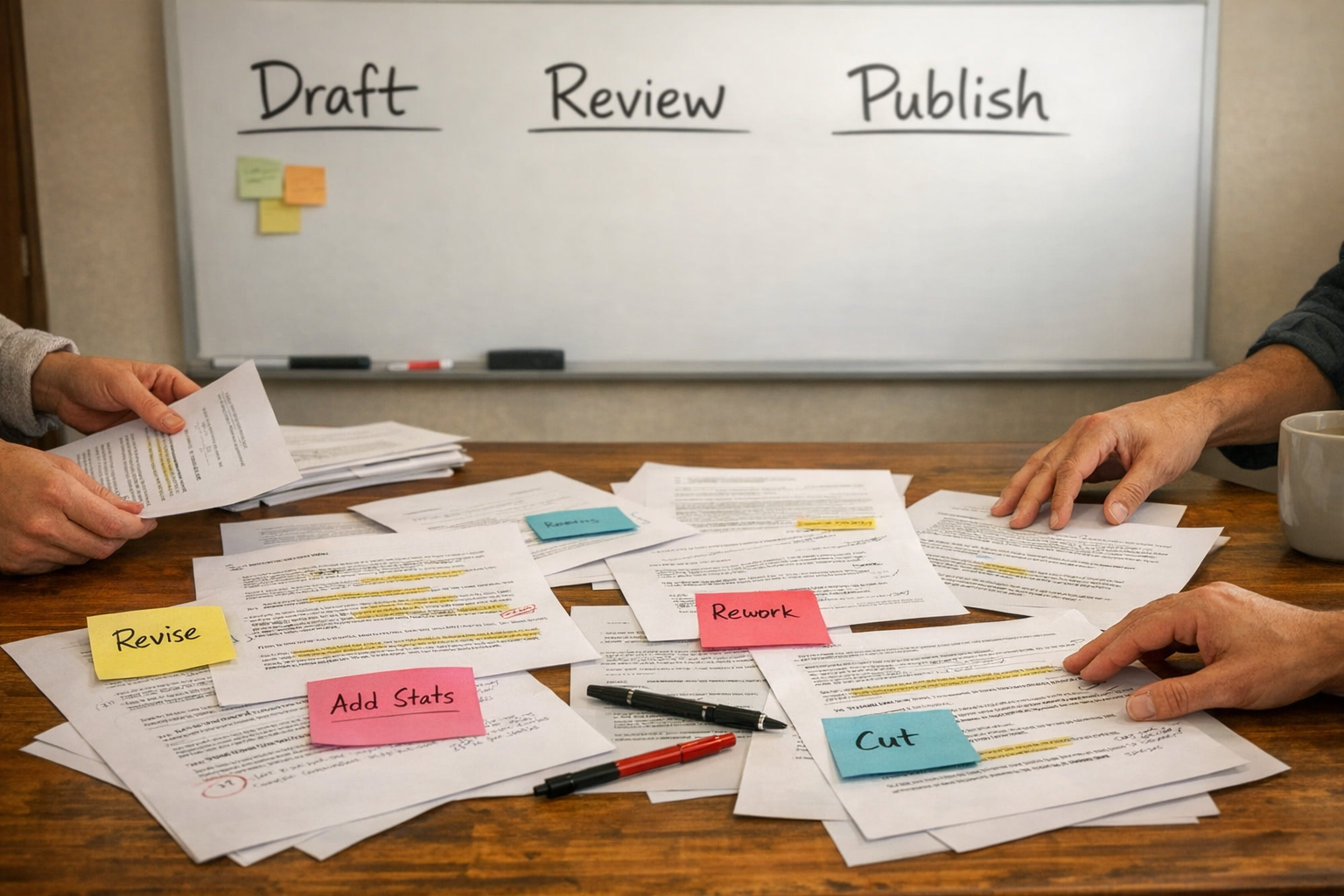 A practical workspace with printed draft pages, sticky notes, and a simple review board for validating AI-assisted content before publishing.
