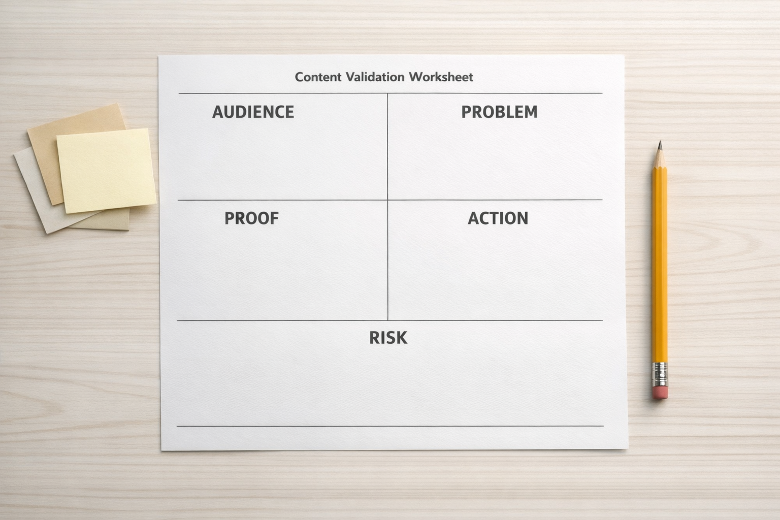 A simple printed worksheet for validating content ideas before writing.