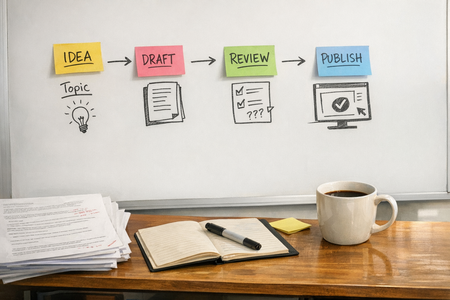 A whiteboard and desk setup showing a practical content repurposing workflow being planned with sticky notes and paper drafts.