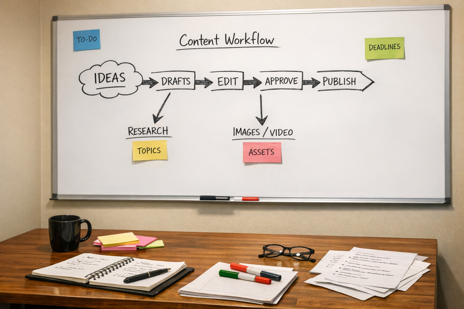 A workspace with sticky notes and a whiteboard planning an AI-assisted content workflow.