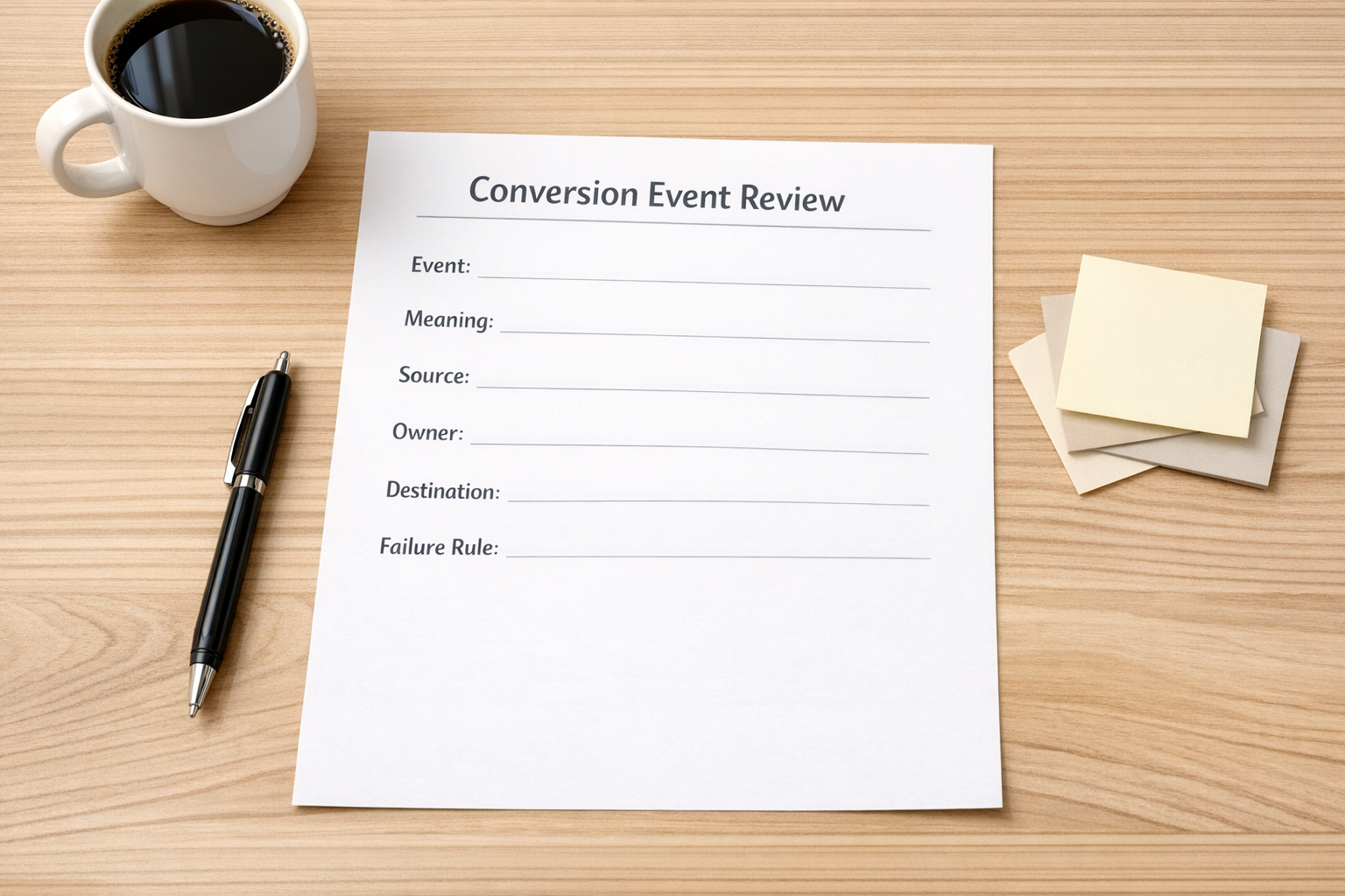 A printed worksheet for validating conversion events before building an automation workflow.