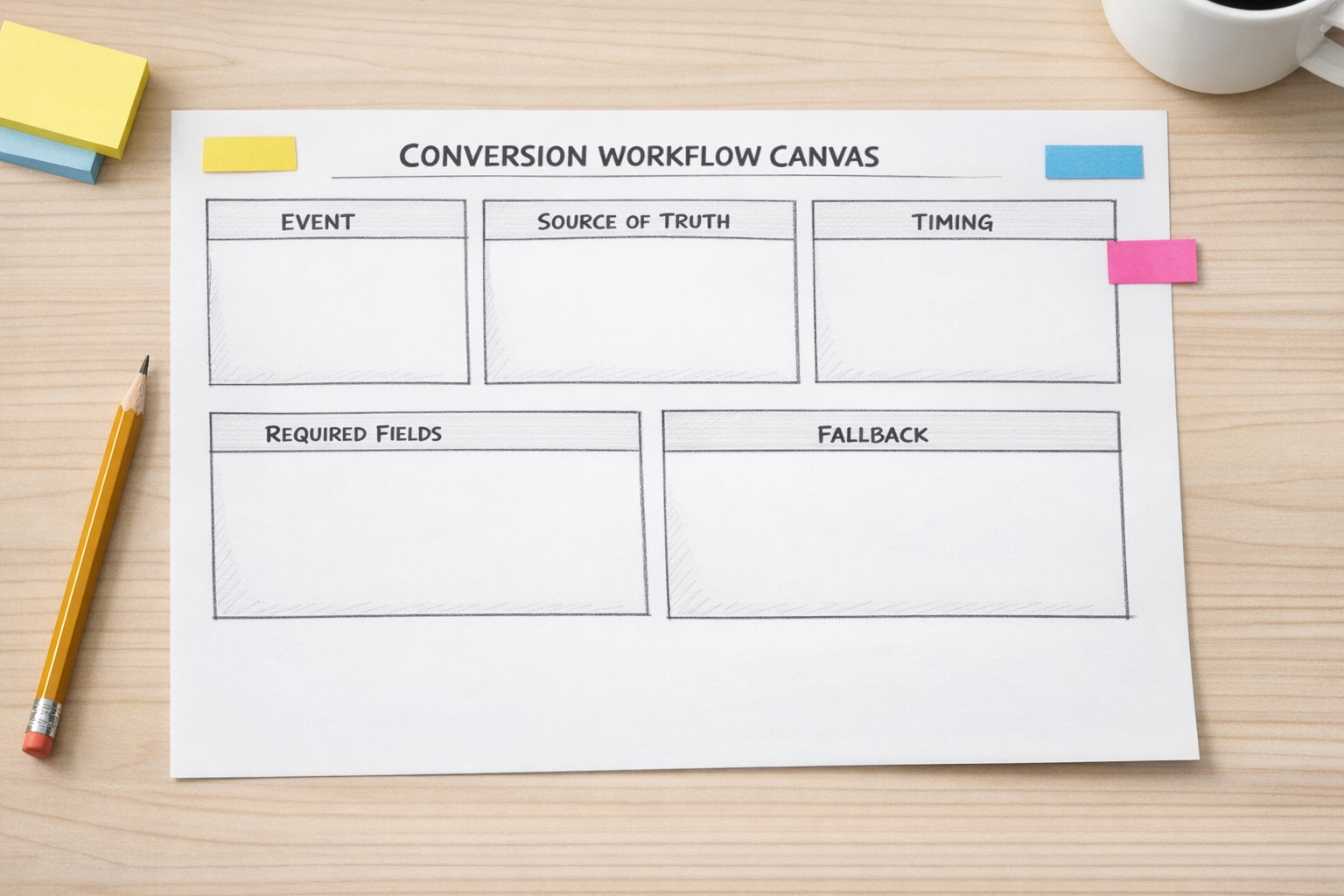 A printed conversion workflow canvas with sections for event, source of truth, timing, required fields, and fallback