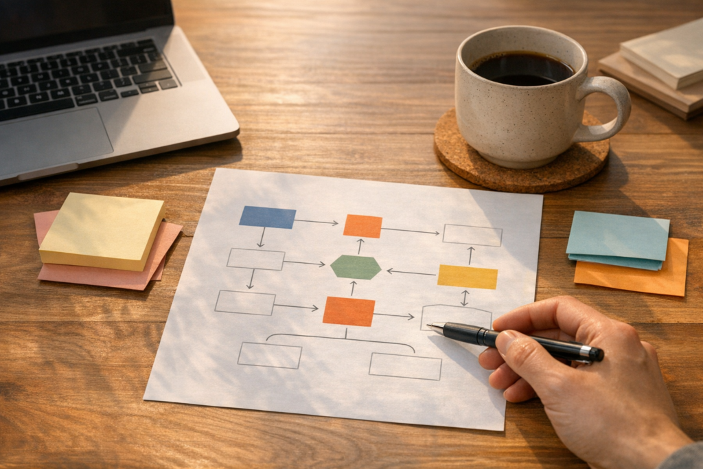 A calm office desk with a tailored instruction sheet, sticky notes, and a laptop representing a customized AI workflow.