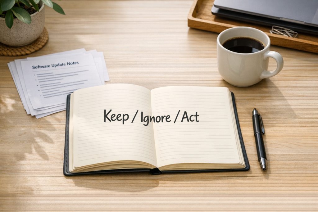 A calm desk scene with printed business updates being sorted into useful action notes.