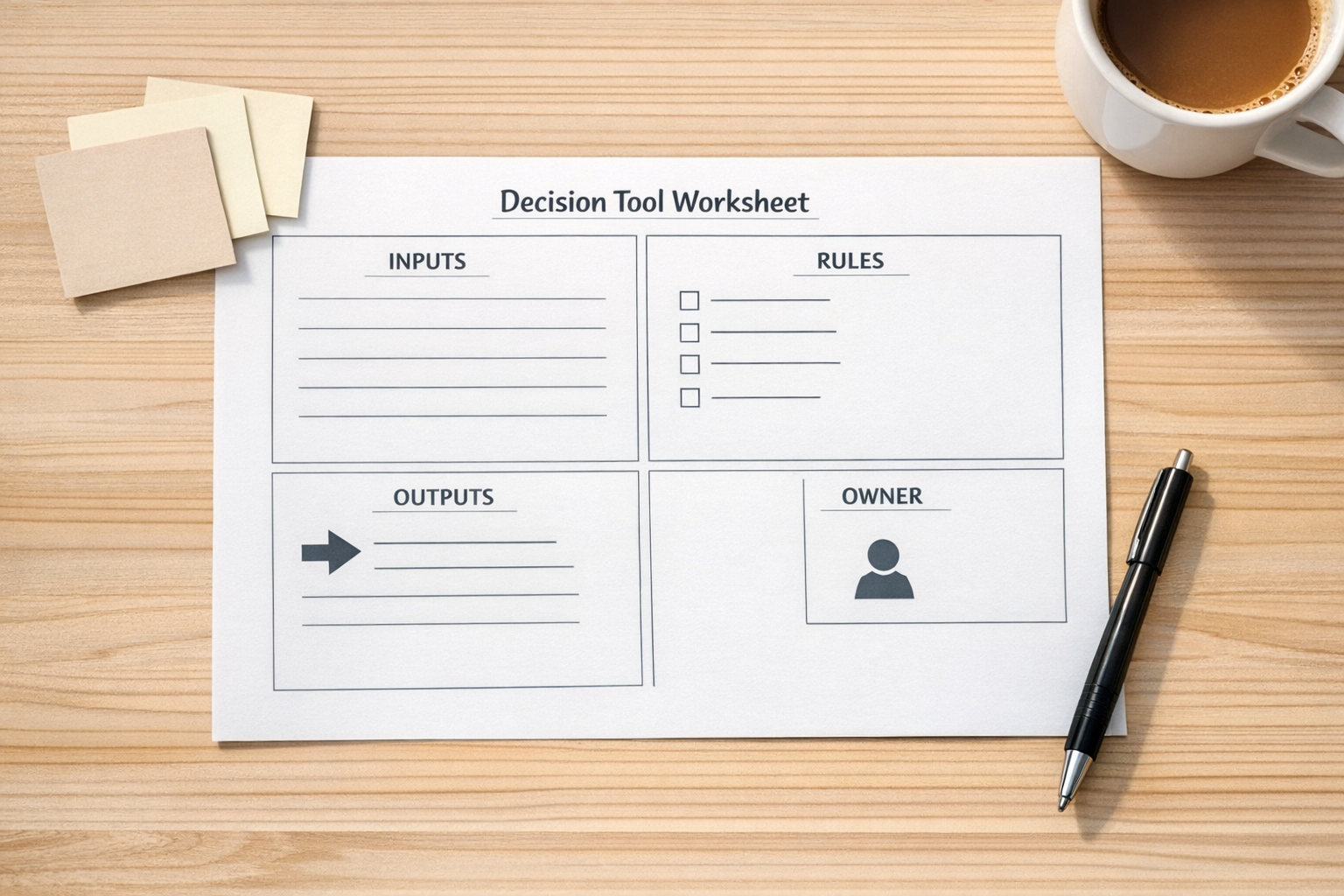 A printed worksheet for validating a recurring business decision tool with sections for inputs, rules, outputs, and owner.