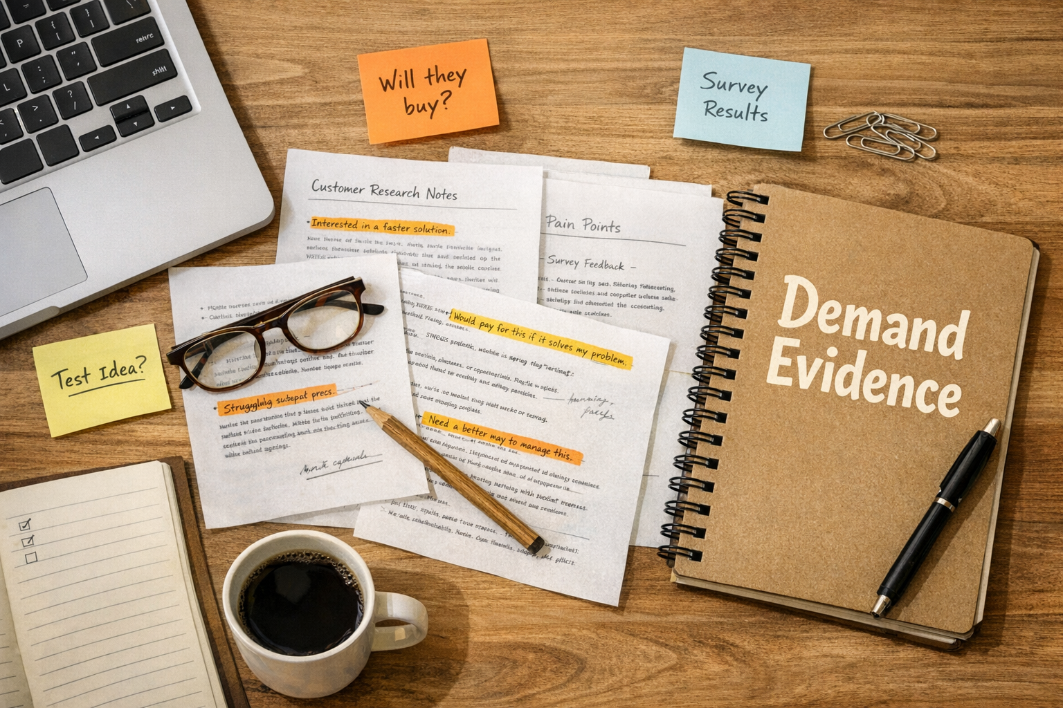 A calm desk scene with printed customer notes, highlighted pain points, and a laptop used for business idea validation.
