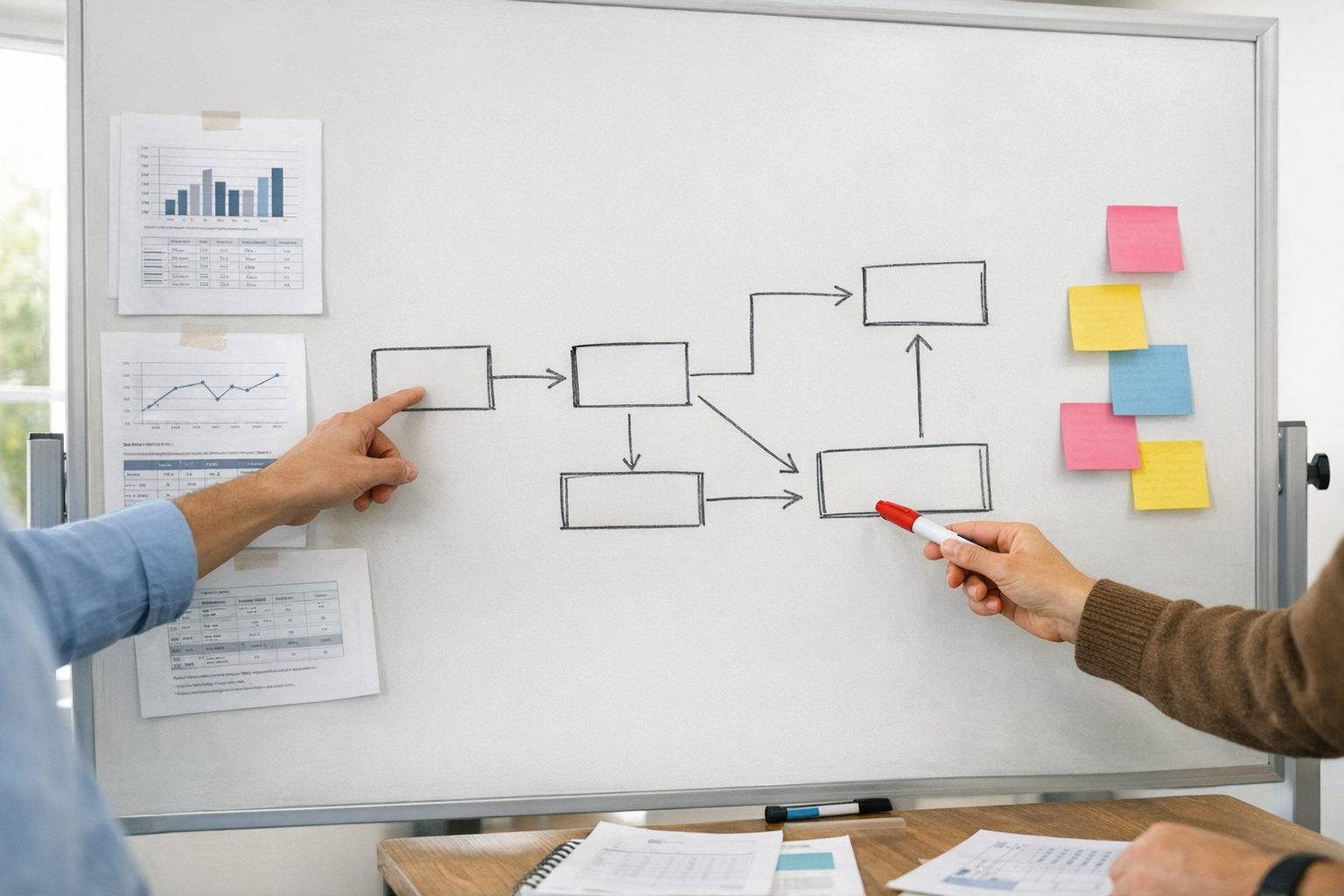 A whiteboard planning scene showing a small team workflow for reviewing exported business data and making operational decisions.