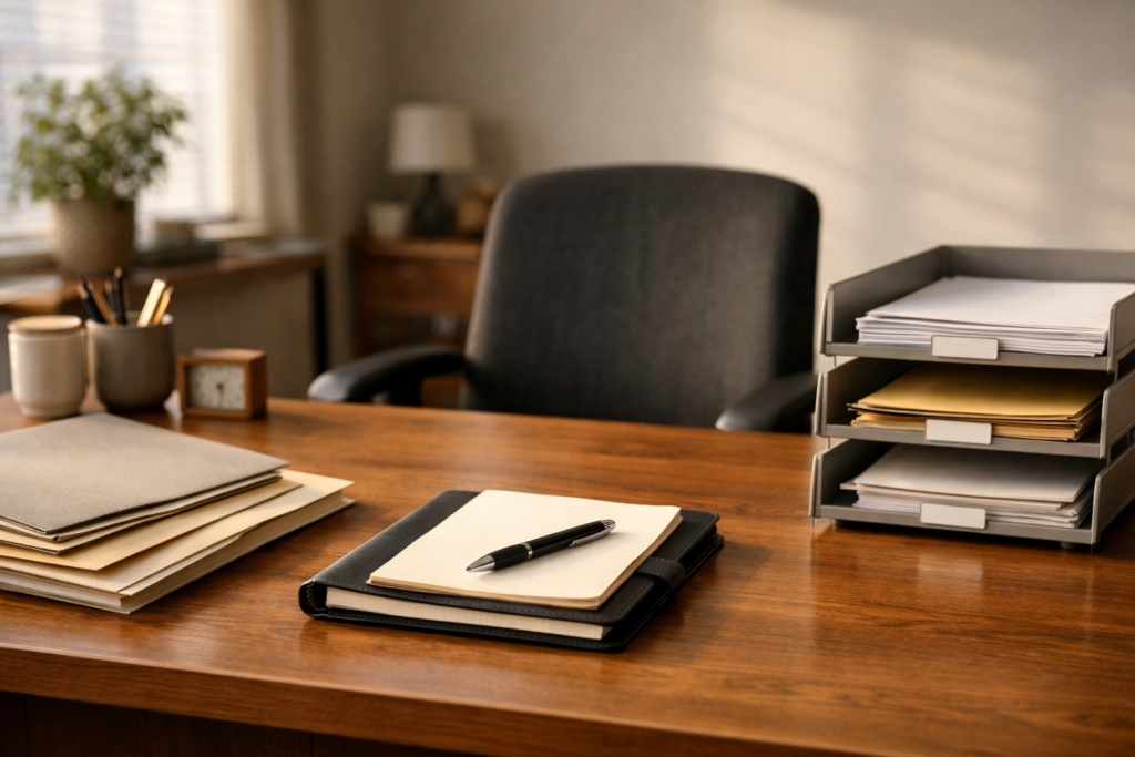 A calm office desk with an empty chair, organized folders, and work continuing without the founder present