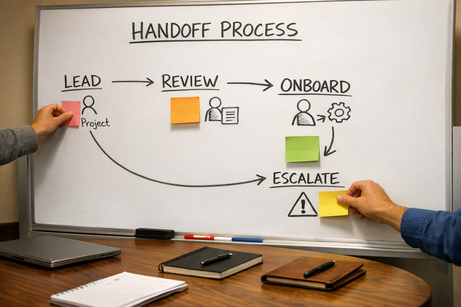 A team workspace with sticky notes and a whiteboard planning a cleaner sales to operations handoff