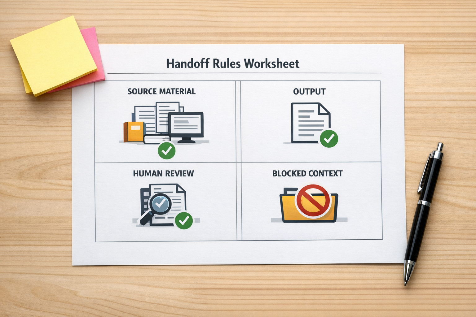 A printed worksheet for defining AI handoff rules, with sections for source material, output, review point, and blocked context.