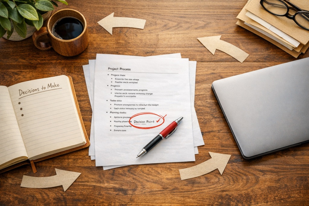 A calm office desk with printed notes, a coffee cup, and a marked decision point showing human judgment beside automated work.