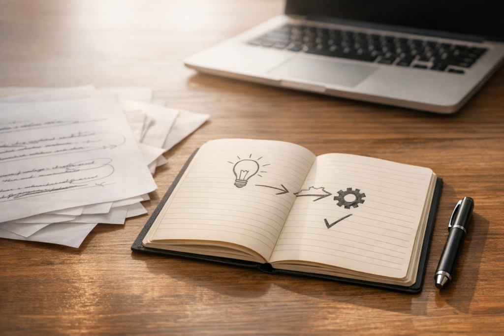 A warm editorial scene showing a notebook with handwritten point of view notes beside a laptop, representing human voice guiding AI output.