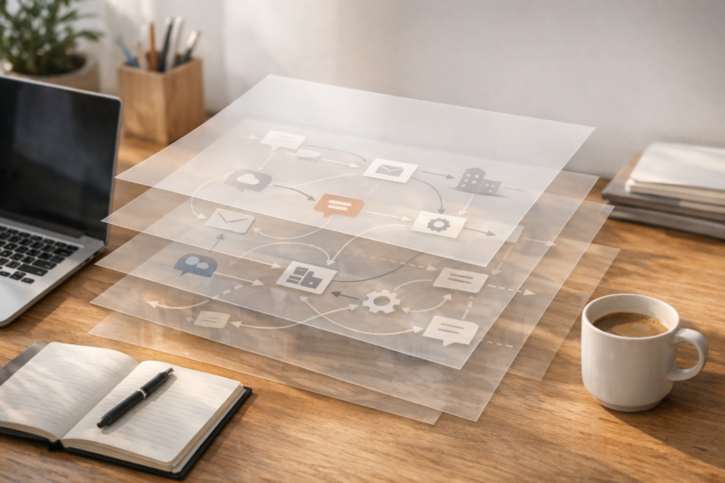 A calm office desk with translucent paper layers showing hidden AI workflow paths beneath everyday business tools.