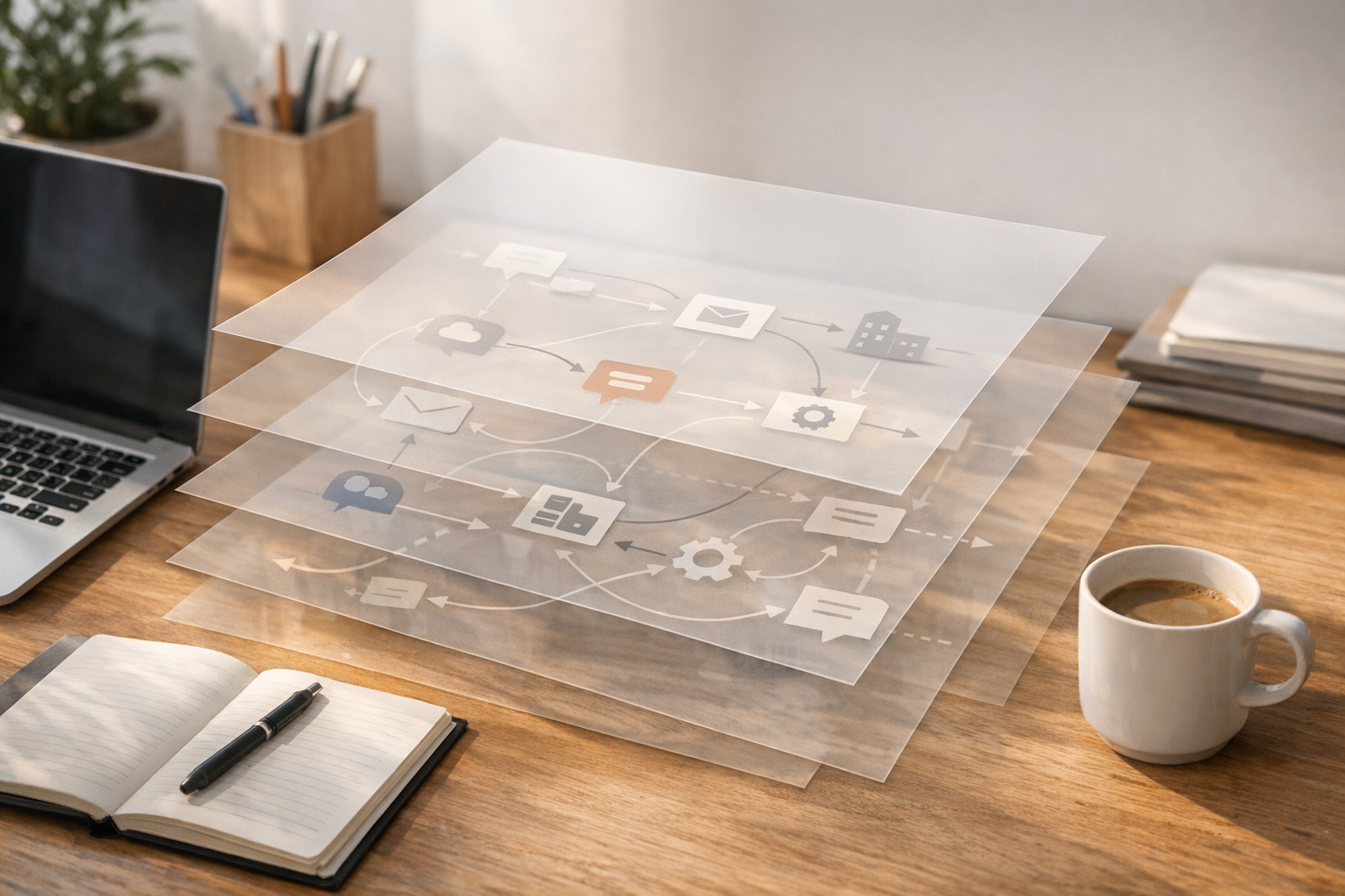 A calm office desk with translucent paper layers showing hidden AI workflow paths beneath everyday business tools.