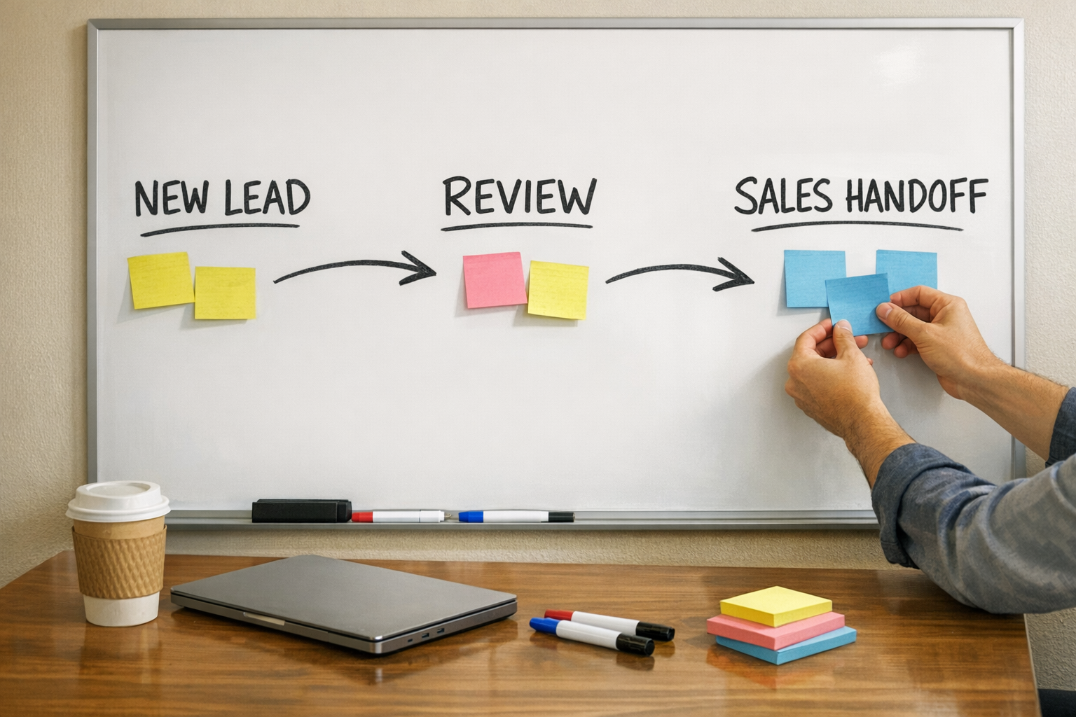 A team workspace with sticky notes and a simple lead handoff plan on a whiteboard, shown without faces.
