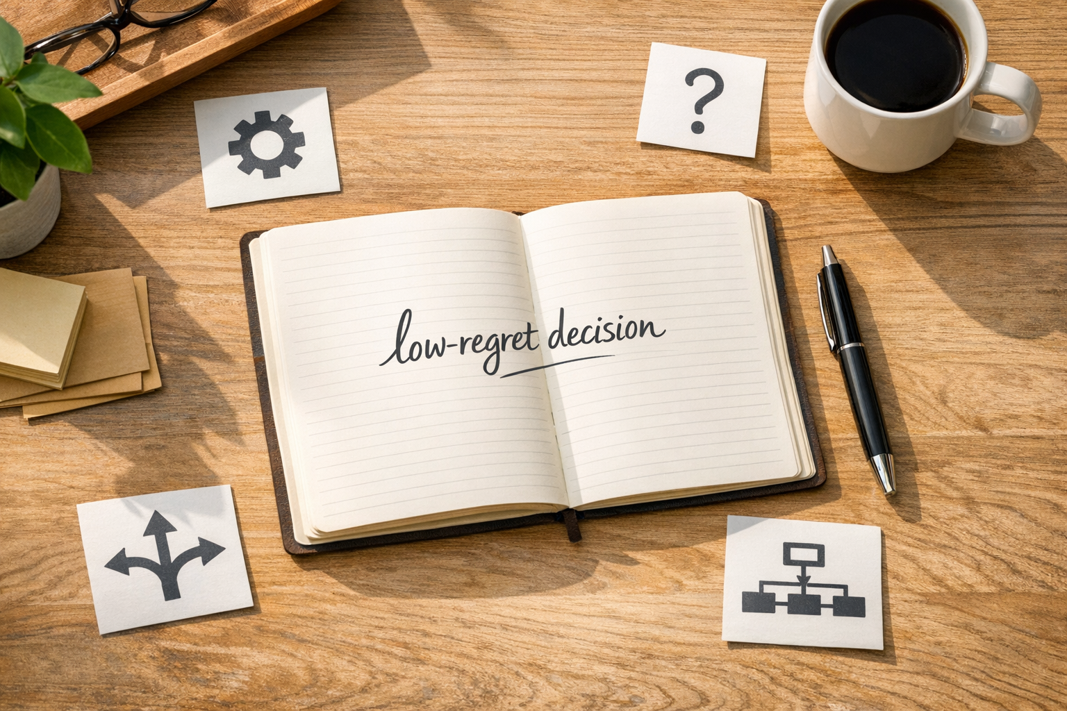 A calm office desk with several future scenario cards and one clear operational decision note in the center.