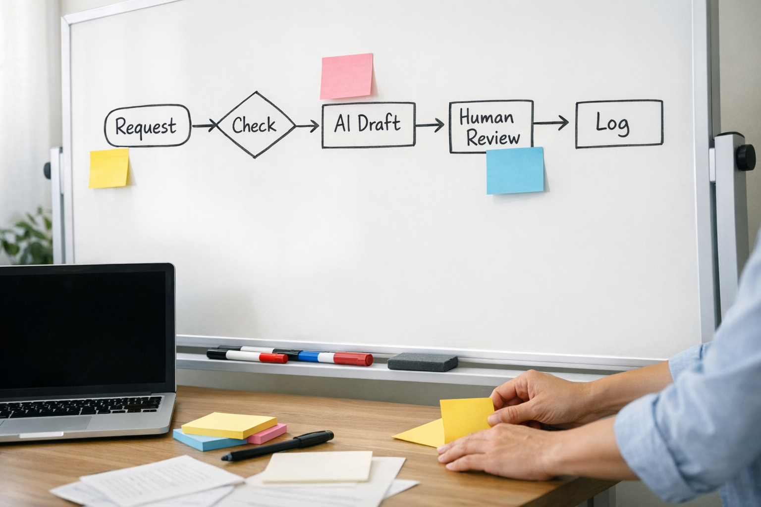 A team workspace with a whiteboard sketch for planning an automation handoff, with no visible faces.