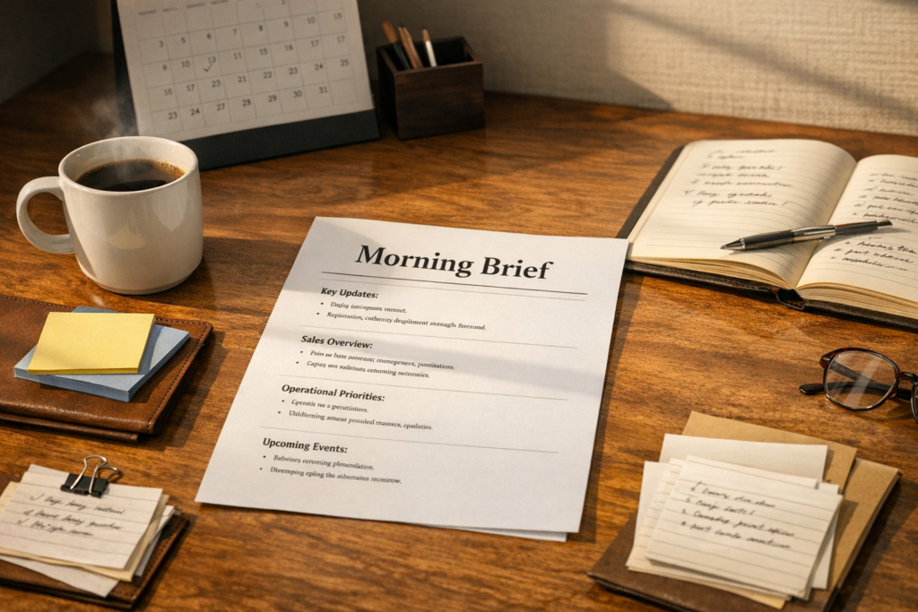 A calm office desk with coffee, calendar pages, notes, and a prepared morning operations brief