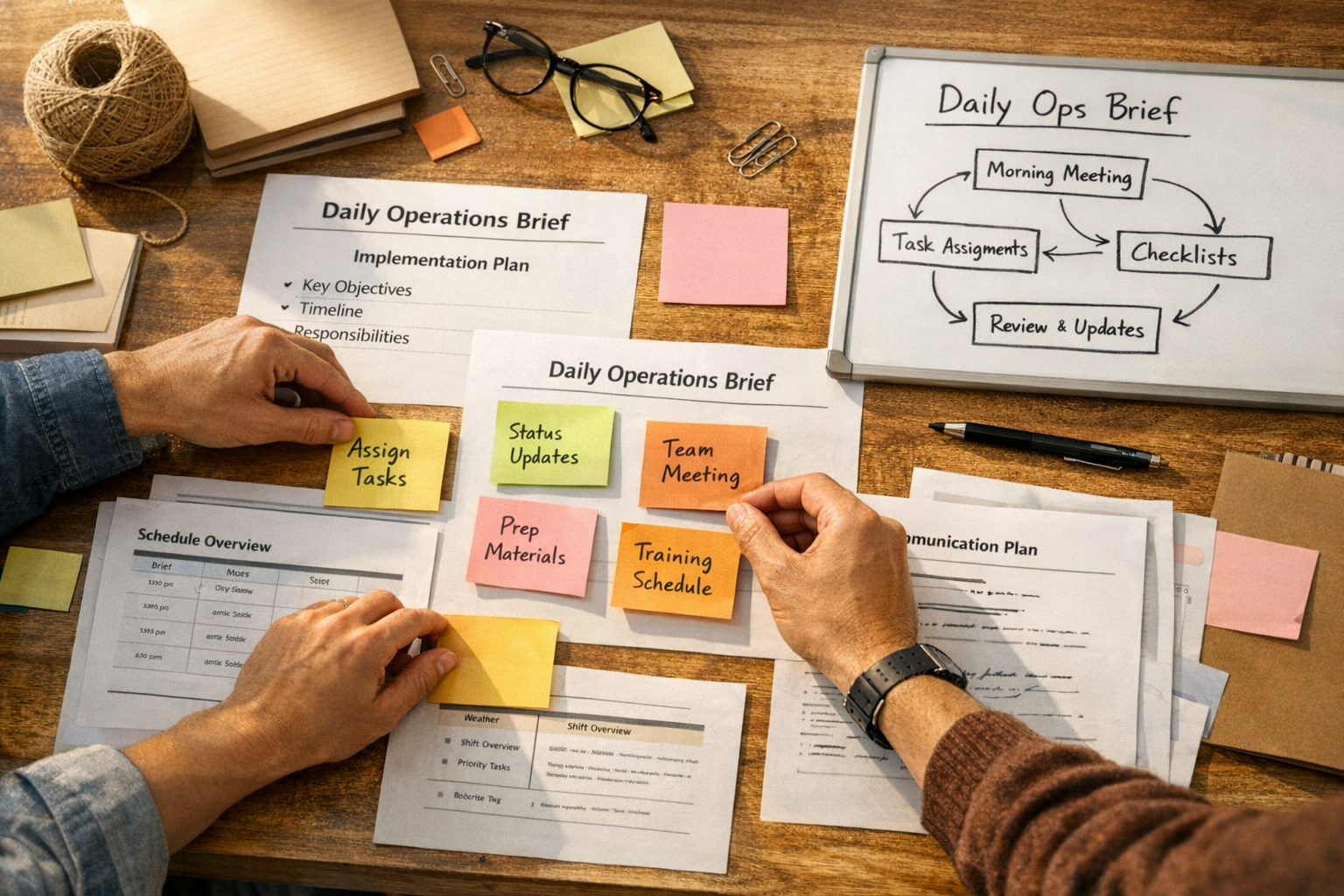 A workspace with hands arranging sticky notes and project papers while planning a daily operations brief.