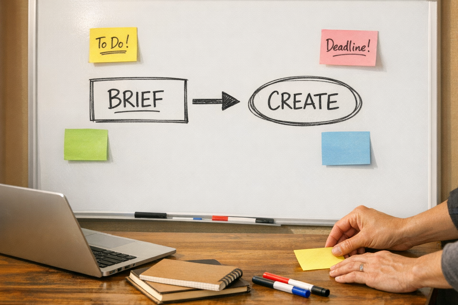 A workspace with sticky notes and a whiteboard sketch planning a two-step morning workflow