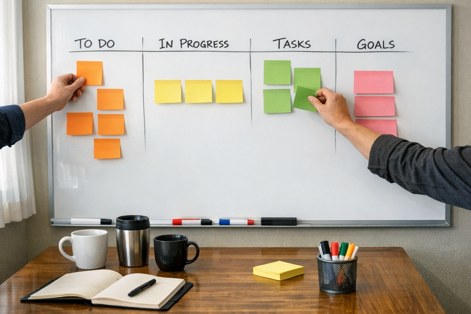 A team workspace scene with hands arranging sticky notes on a whiteboard for an operations planning session, with no faces visible.