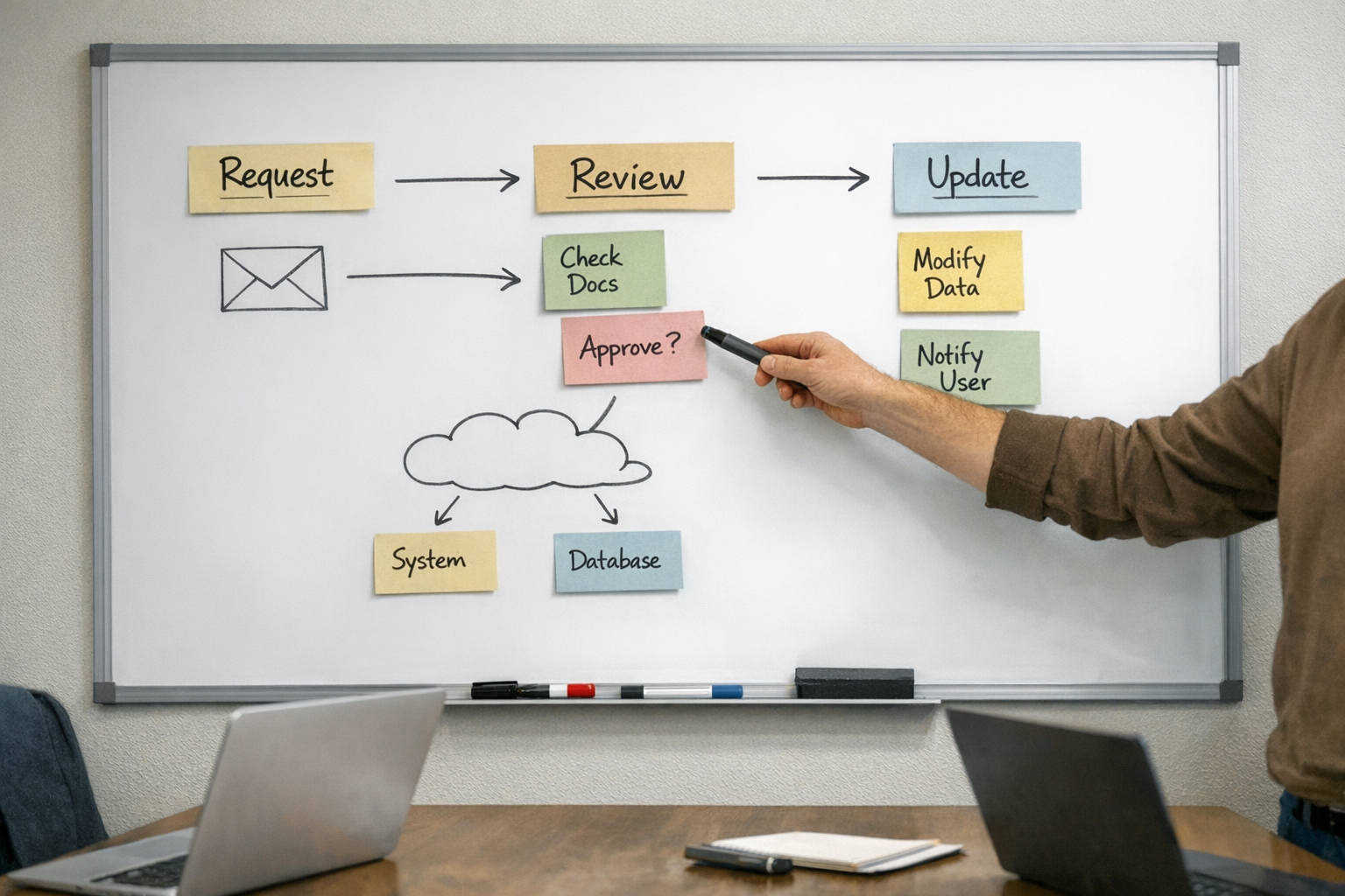 A team workspace with a whiteboard showing an implementation plan for improving a business workflow