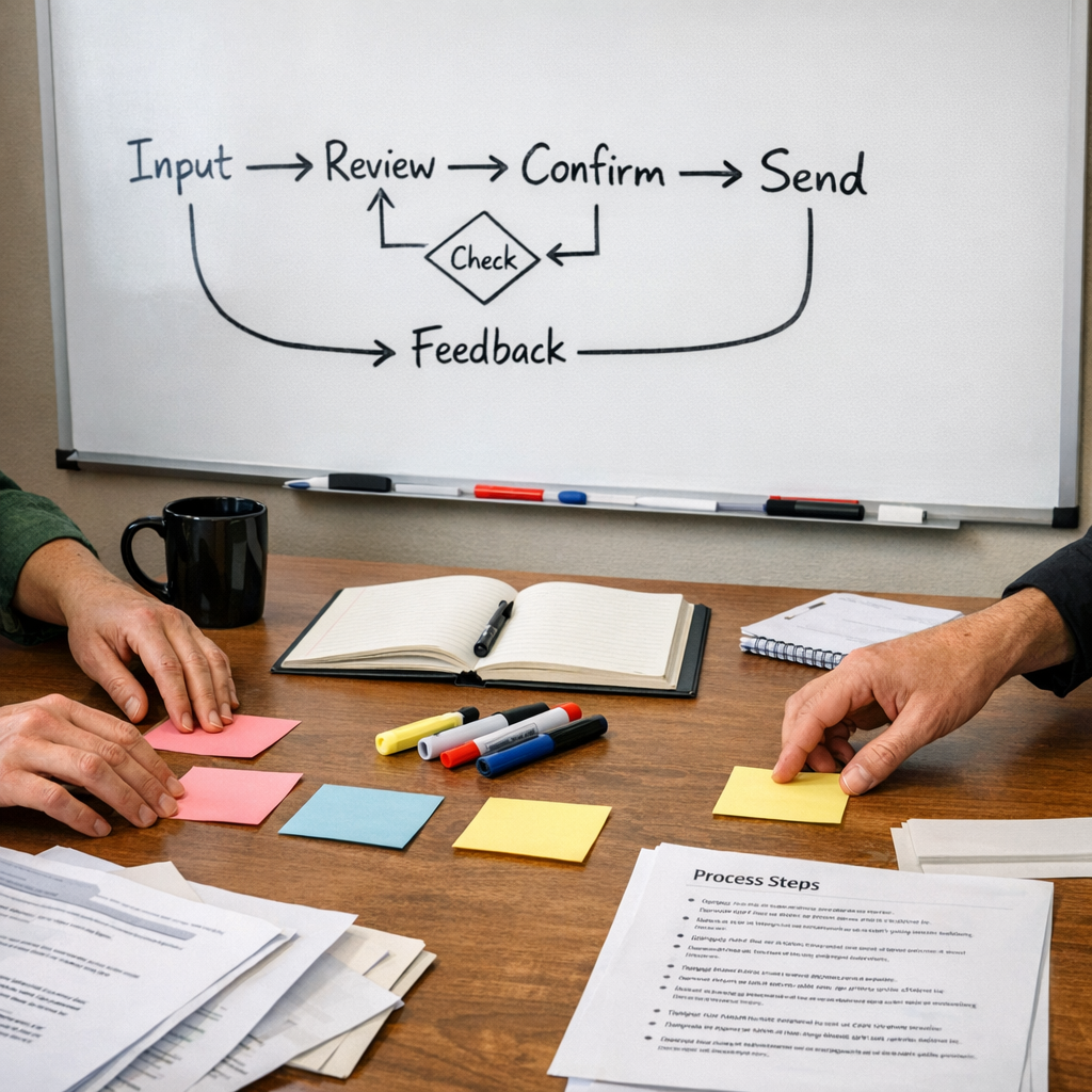 A team workspace with hands arranging sticky notes and drafting an operational AI workflow on a whiteboard.