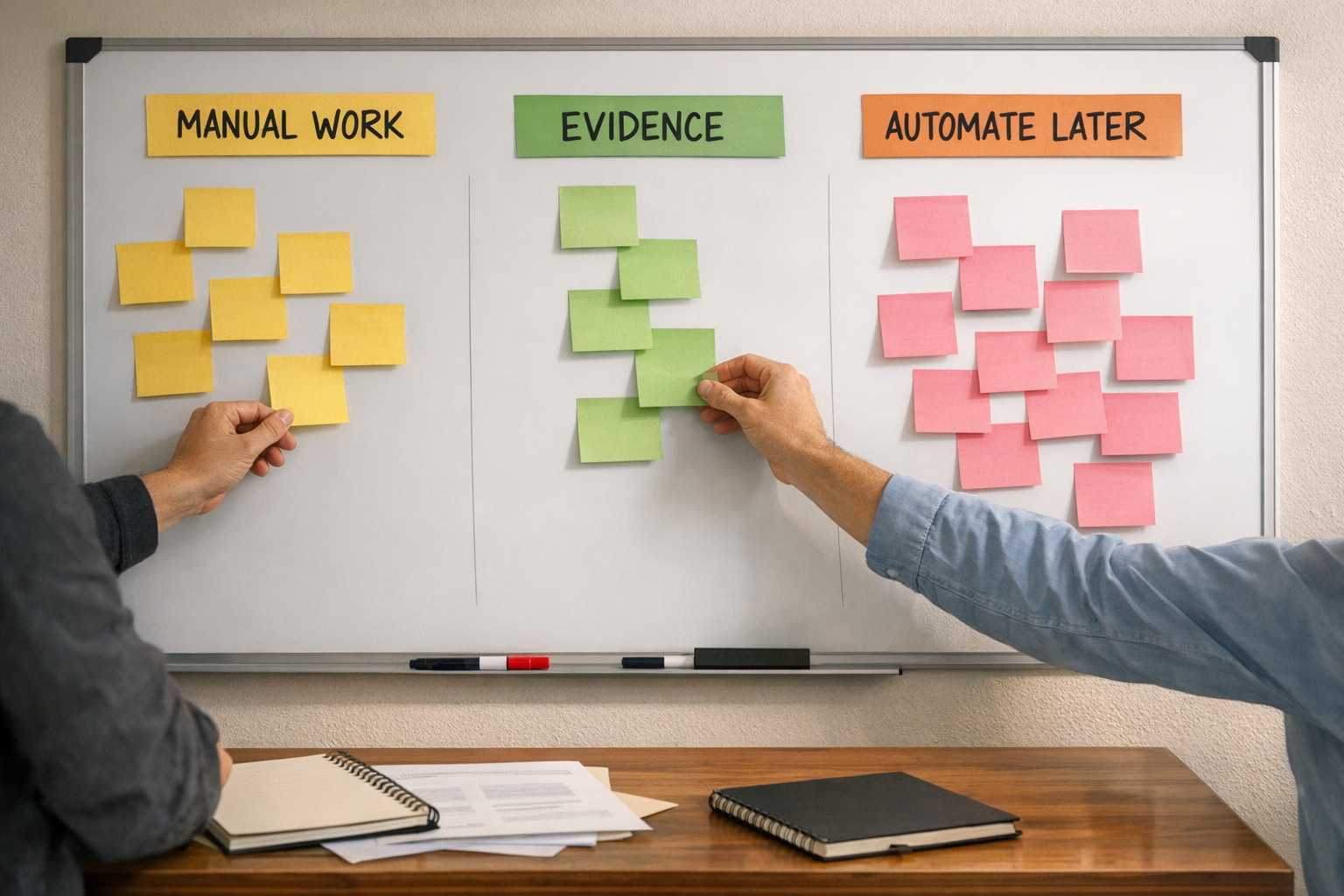 A workspace with hands arranging sticky notes on a whiteboard for an automation planning session.