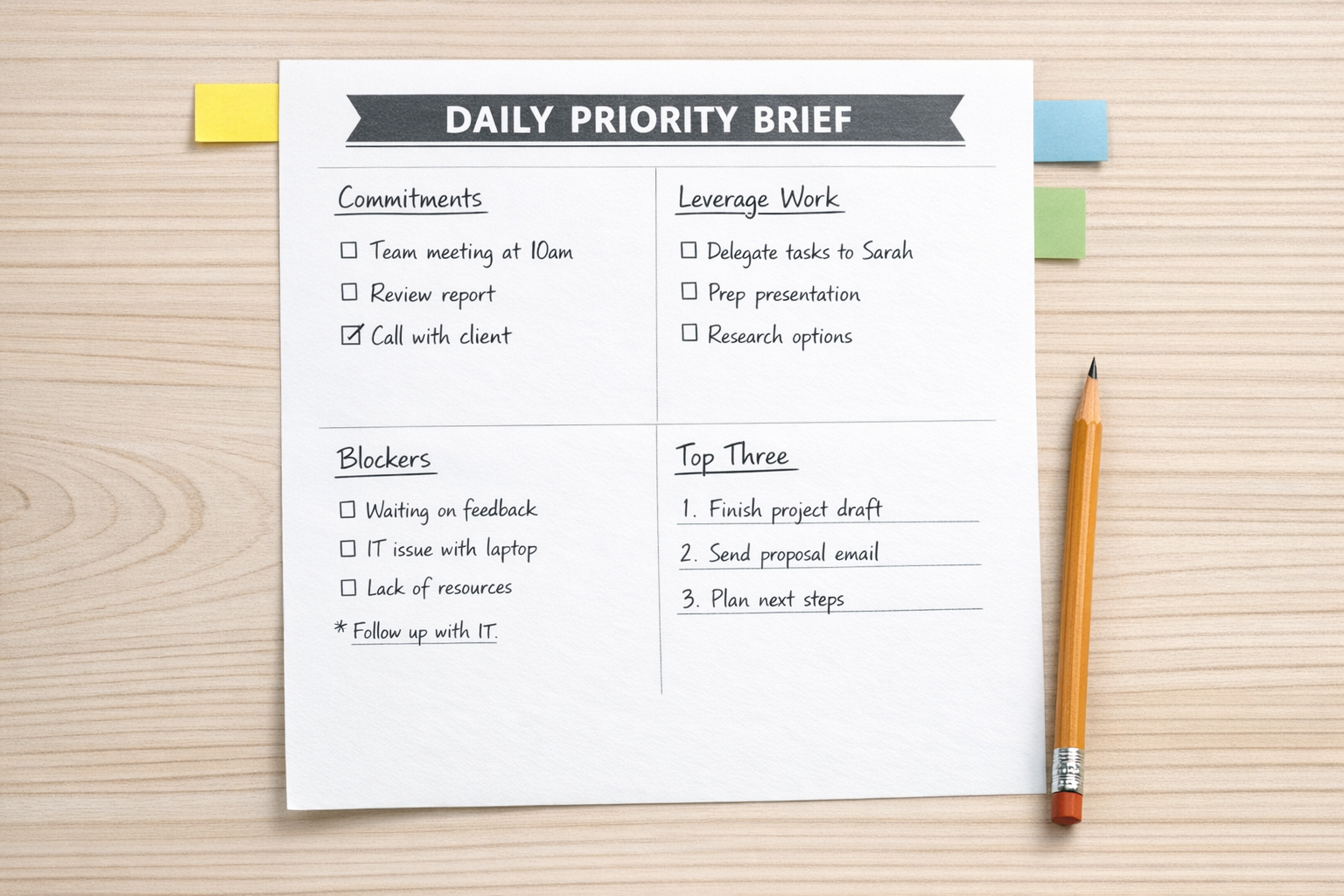 A printed priority brief worksheet with sections for commitments, leverage work, blockers, and the top three priorities.