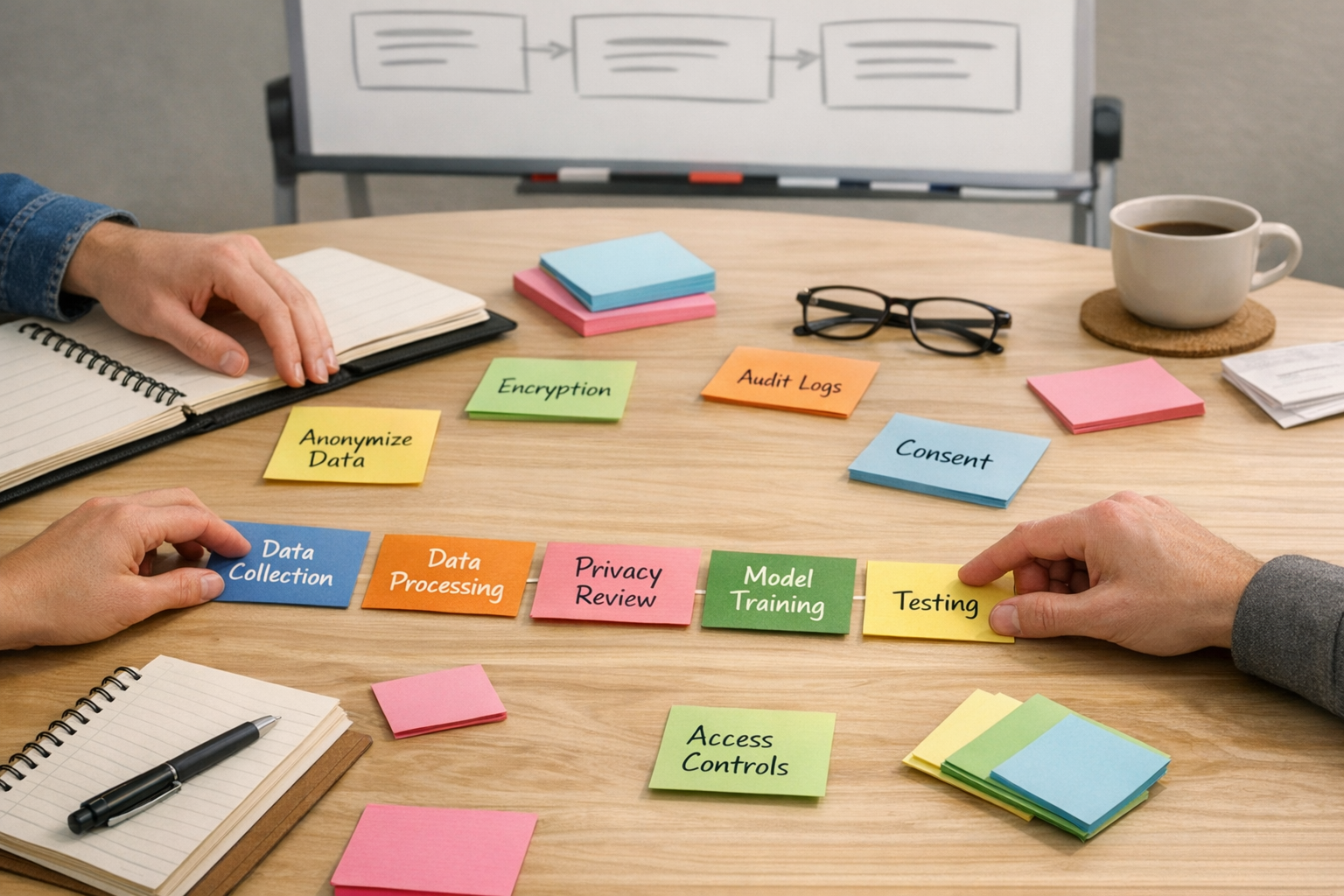 A workspace with hands arranging sticky notes and a simple whiteboard sketch for a private AI workflow plan.