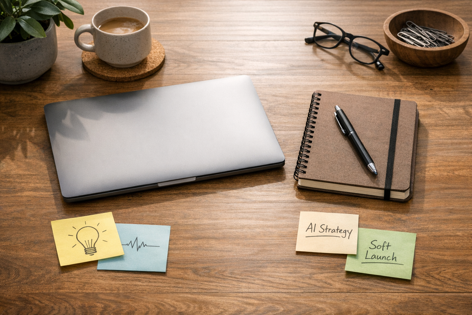 A calm office desk with a notebook, laptop, sticky notes, and a small rollout plan for AI adoption