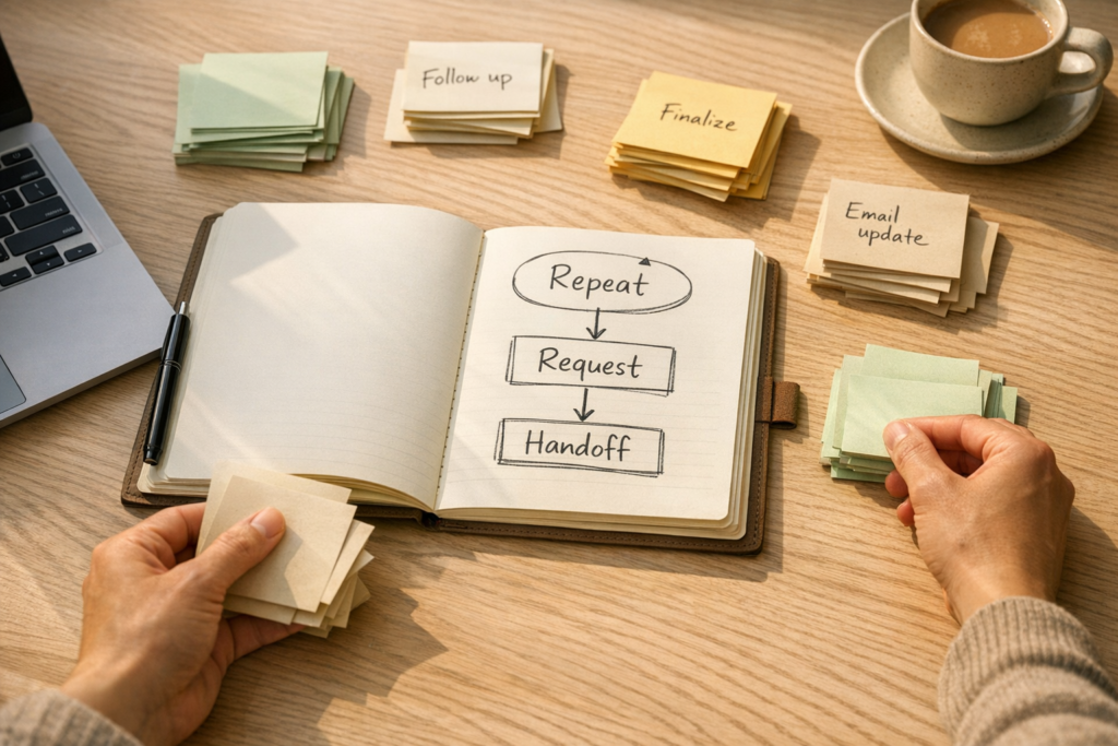 A calm desk scene showing repeated customer notes being organized before an automation plan is created.