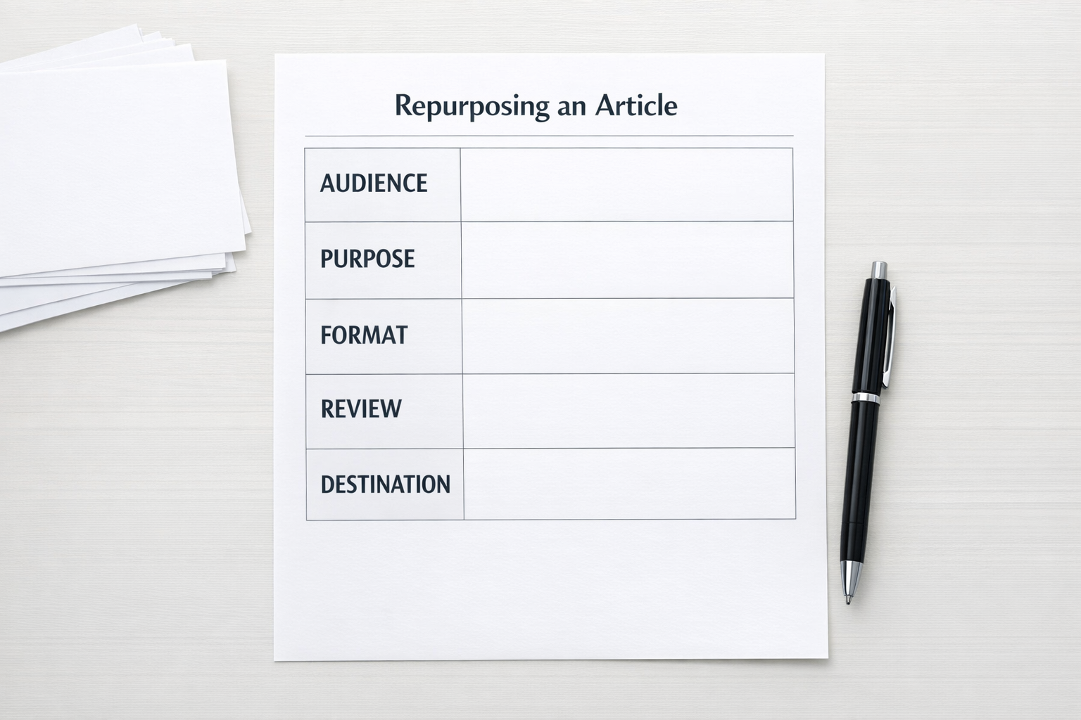 A simple printed worksheet for choosing which content formats should be created from one original idea.