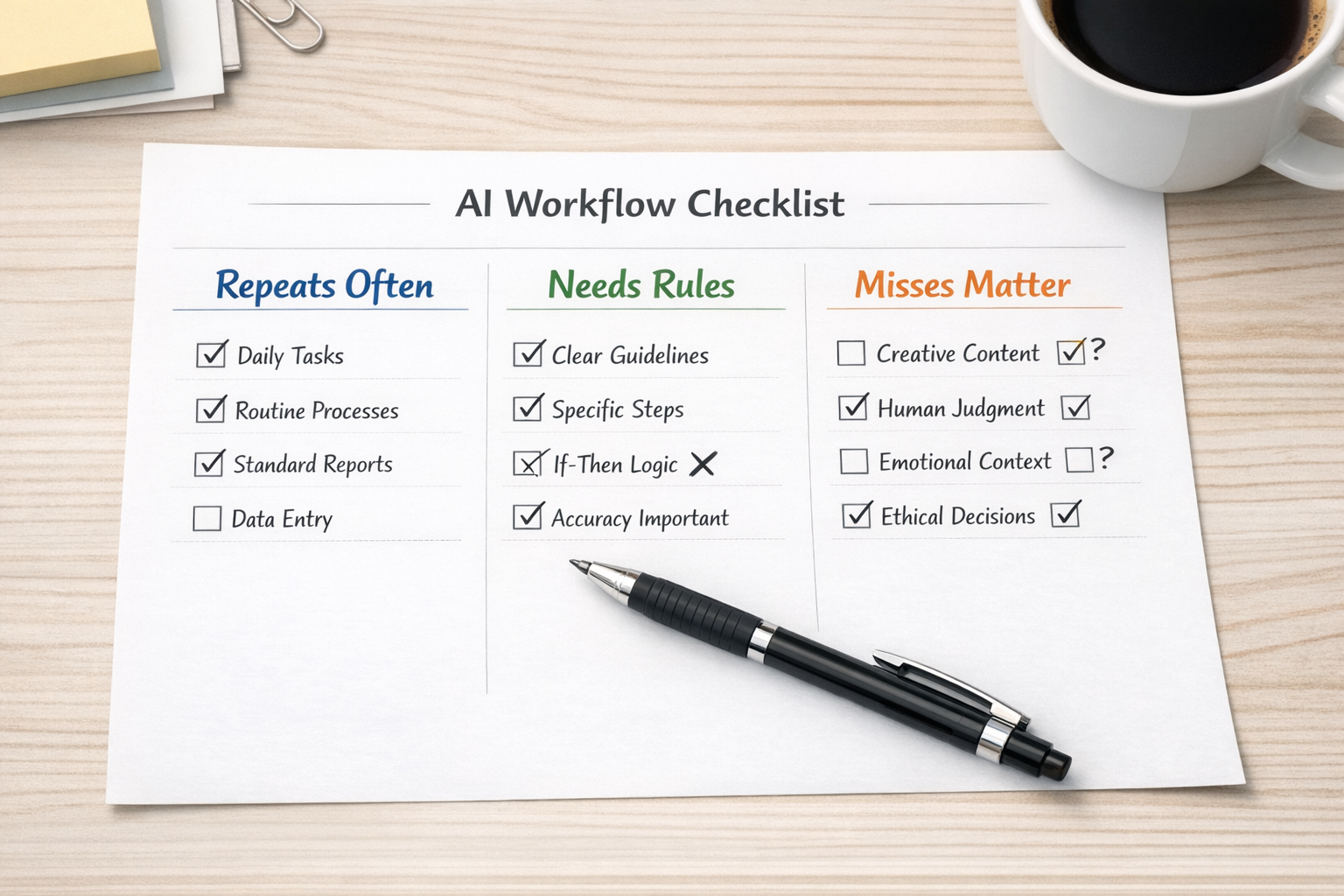 A printed worksheet for deciding whether a recurring task should become a reusable AI workflow.