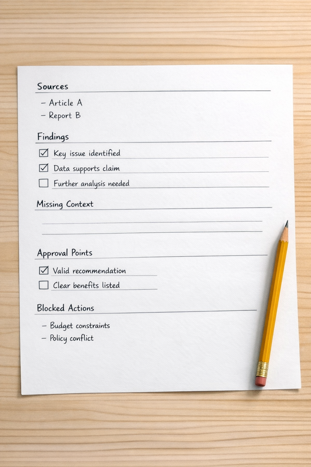 A simple printed worksheet showing sections for sources, findings, missing context, approval points, and blocked actions.