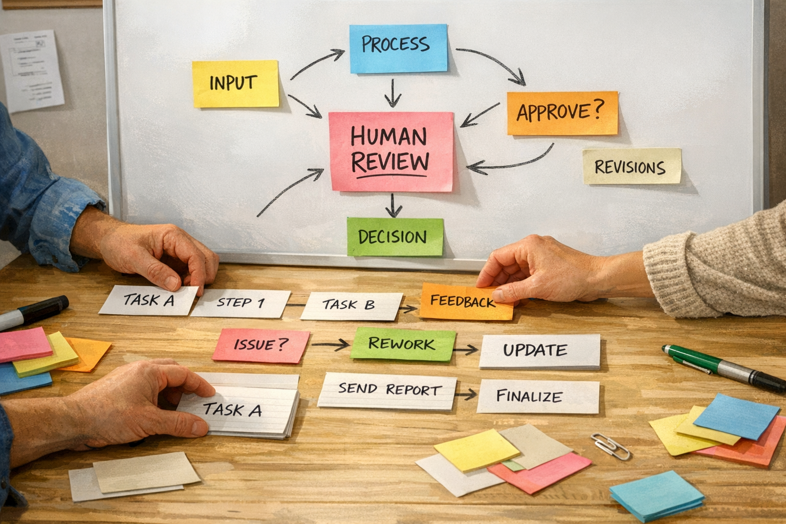 A team workspace with hands arranging sticky notes around a review point before an automation is built.