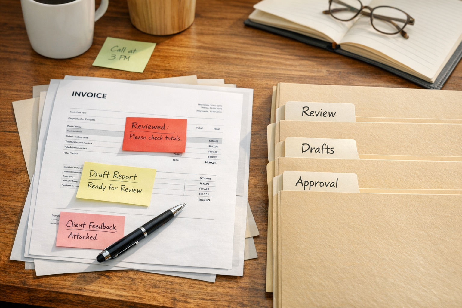 A calm office desk with printed business papers, sticky notes, and a pen showing reviewable work prepared before approval.