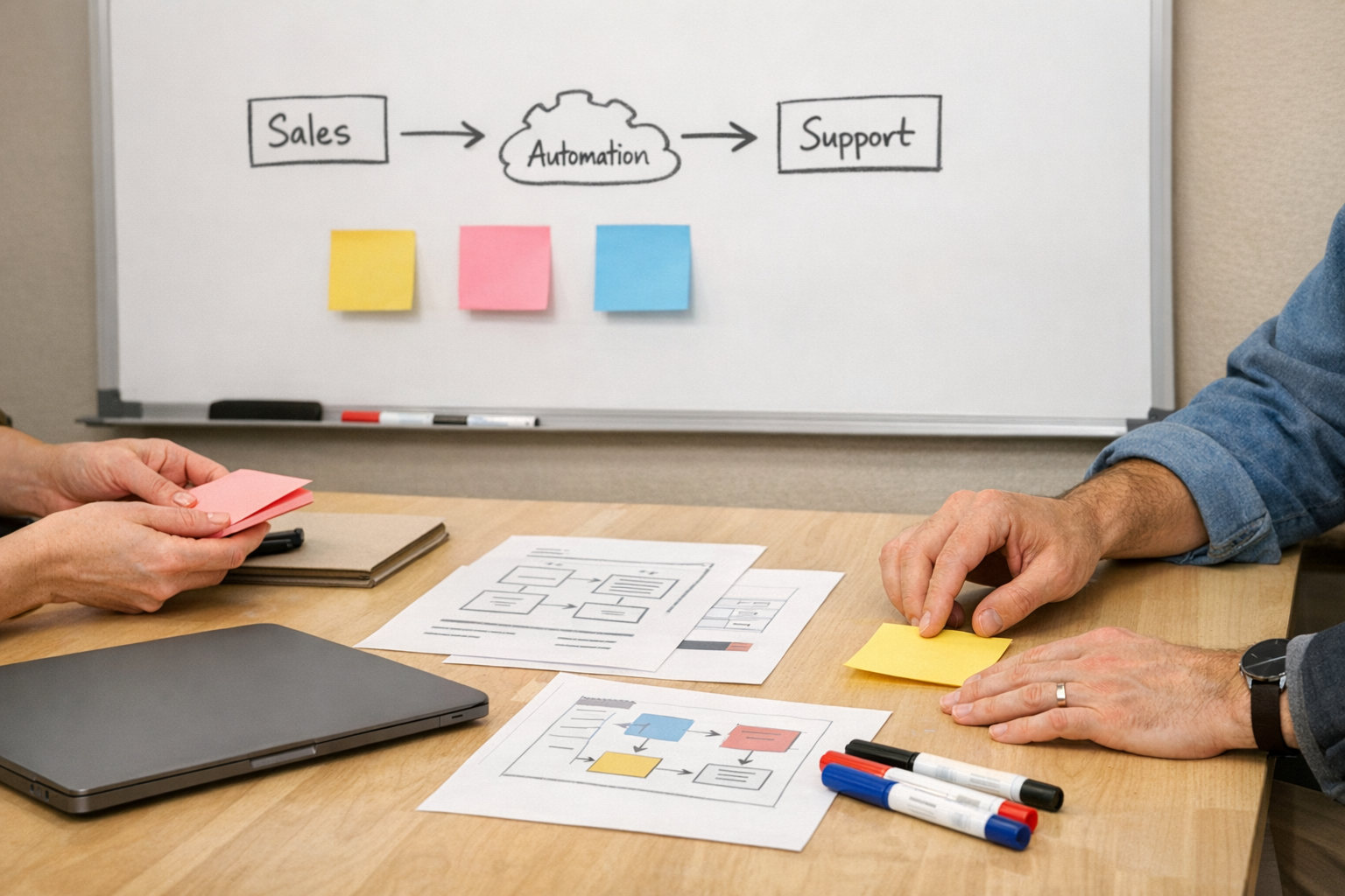 A team workspace with a whiteboard planning a sales handoff workflow and manual review points.