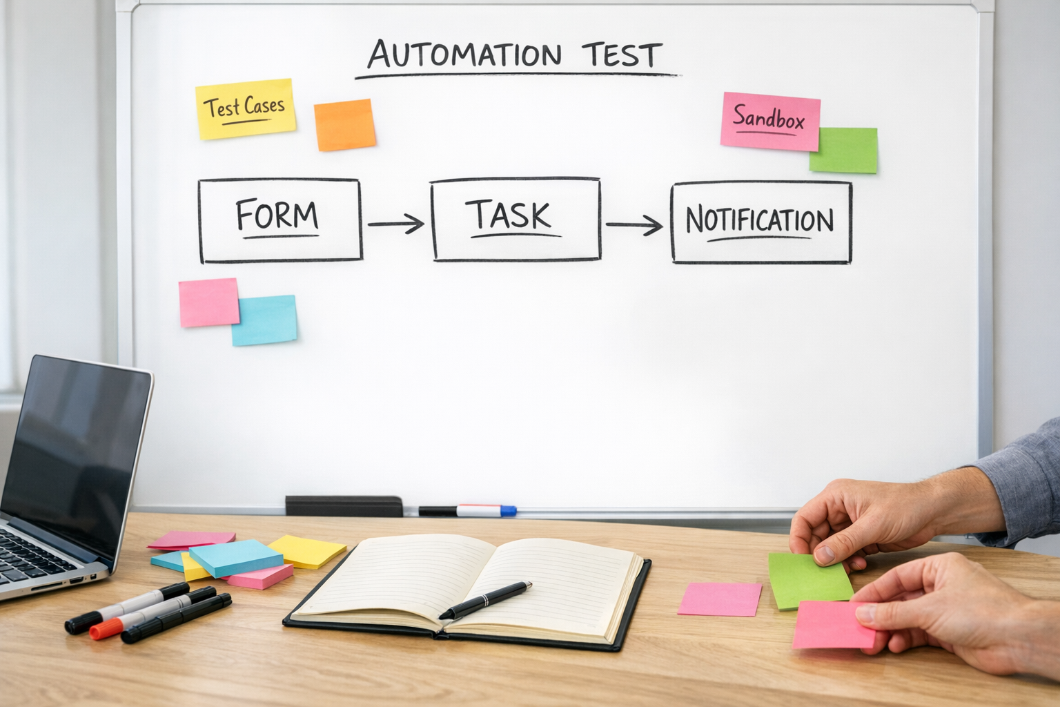 A team workspace with a whiteboard sketch, sticky notes, and a laptop used to plan a safe automation test.