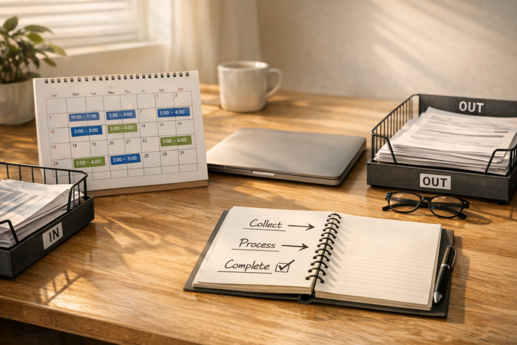 A calm office desk with a calendar, notebook, and organized work items representing scheduled AI operations