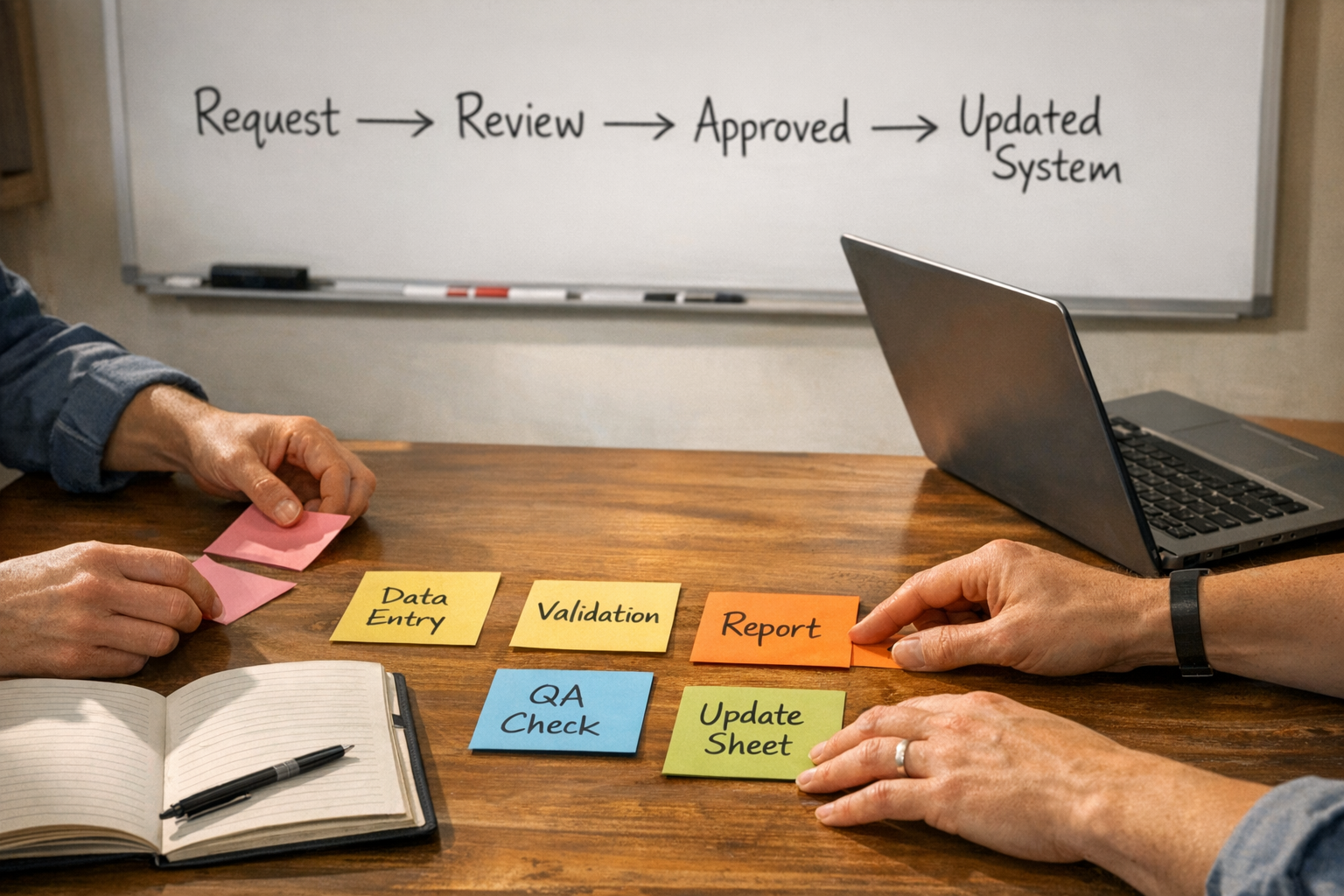 A workspace scene with hands arranging sticky notes beside a laptop and a whiteboard sketch for turning a spreadsheet into a workflow.